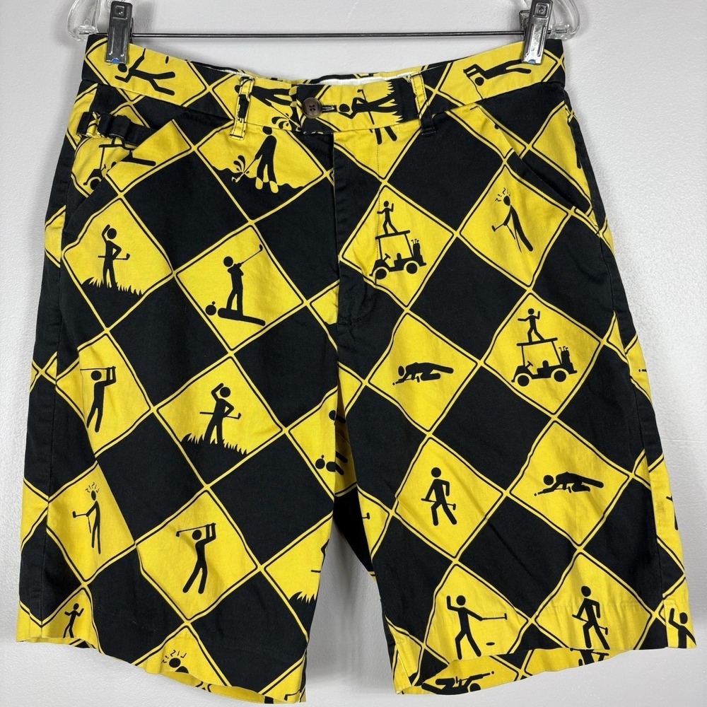 Royal & Awesome Men's 32 Yellow Black Argyle Check AOP Golf Theme‎ Chino Shorts